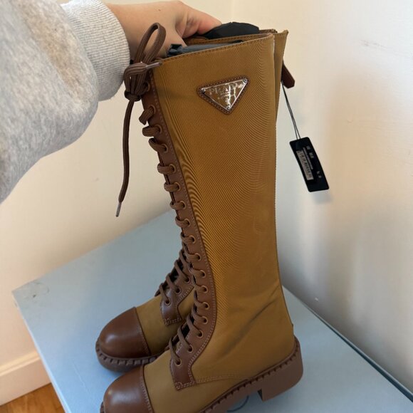 NWT Prada Tall Boots Tobacco Brown Leather Lace up Round Toe Sz 35 - Picture 8 of 11